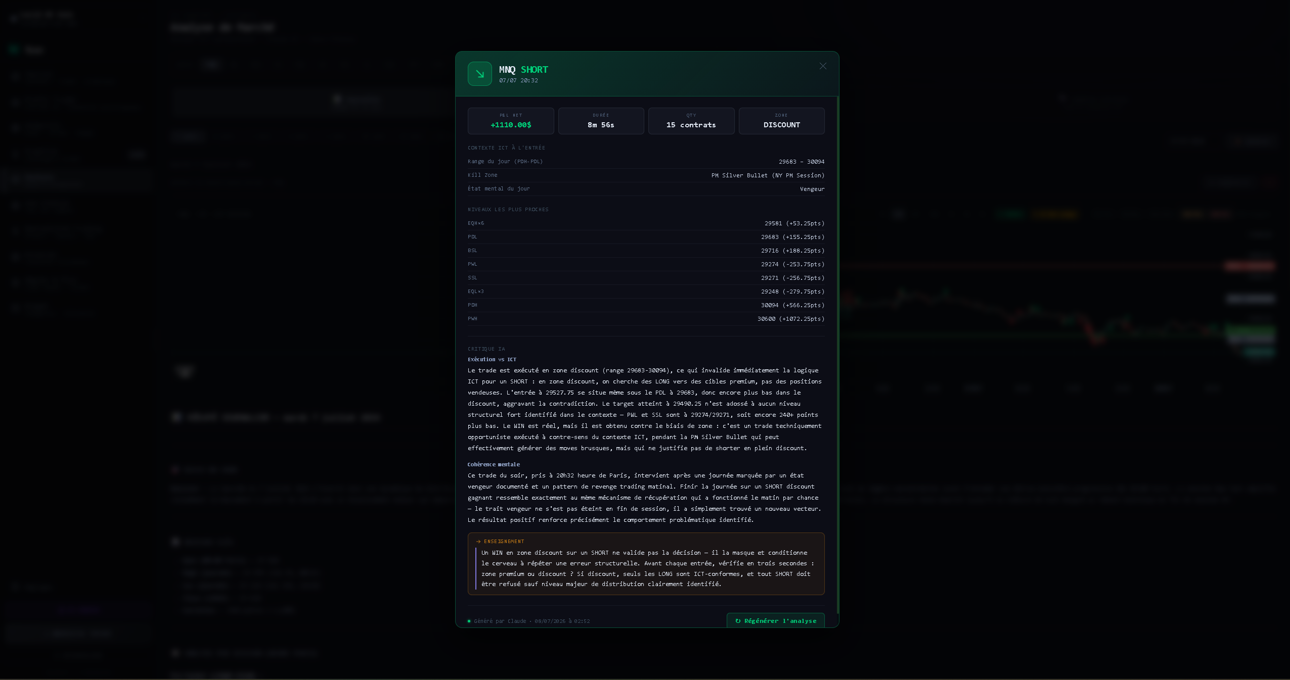 Trades affichés sur le chart avec contexte ICT et critique IA au clic dans Nyqo